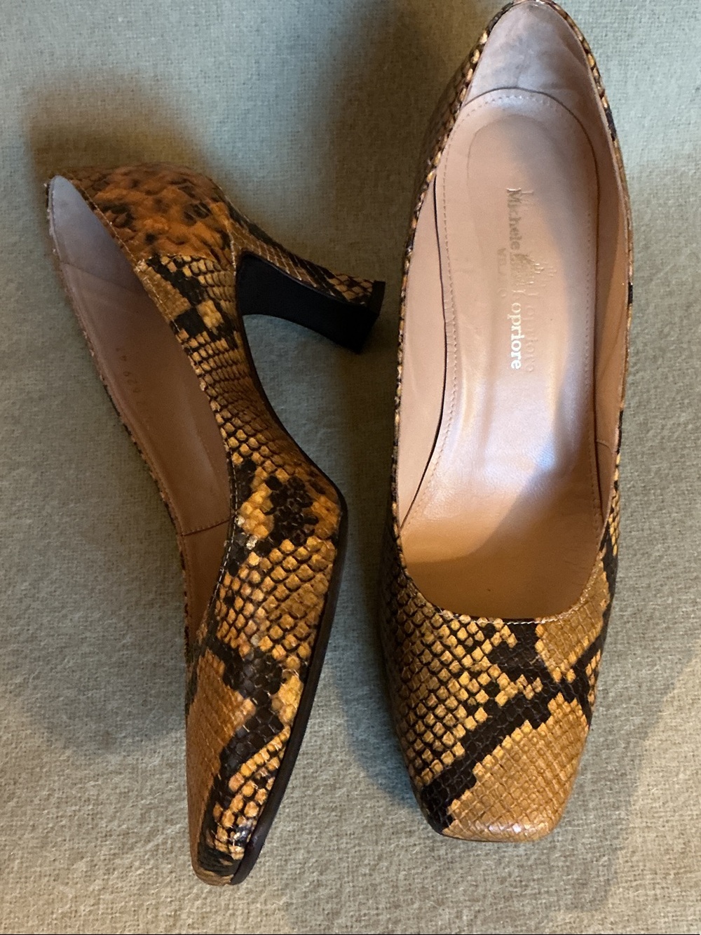 Snake-Print Square-Toe Heels in Yellow and Black